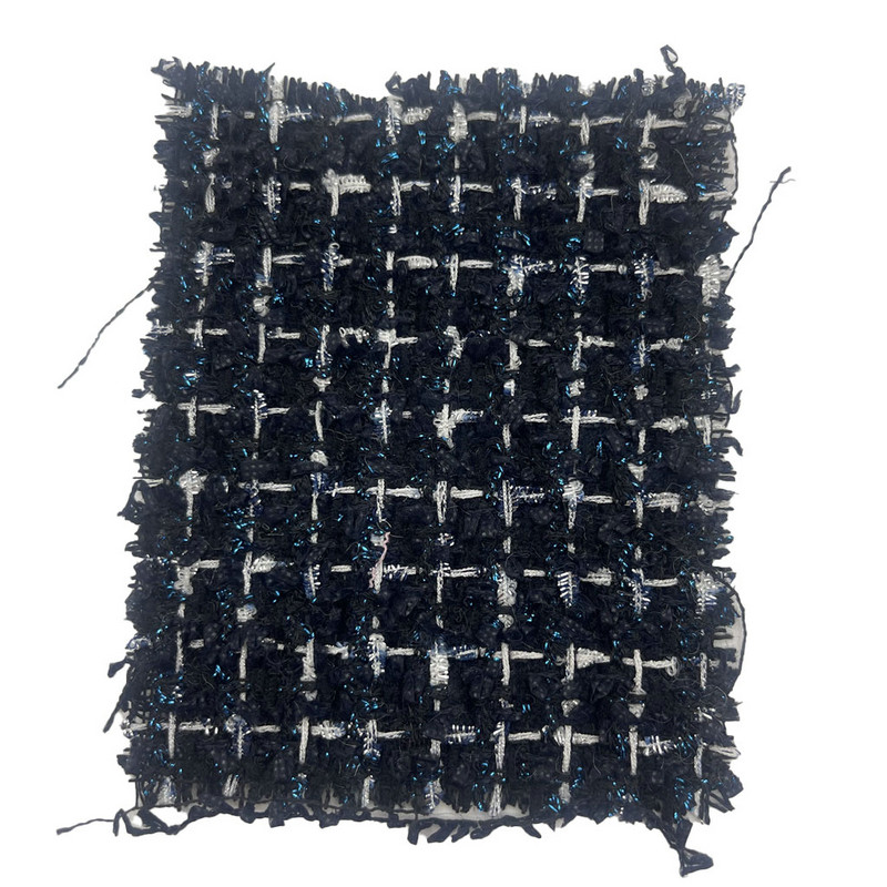 Luxury Dark Blue with Blue Metallic Blend Check Tweed Fabrics Para sa Pambabaeng Damit 23511